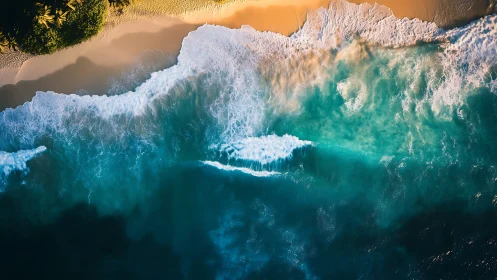 Aerial emerald surf collides with golden tropical shoreline.
