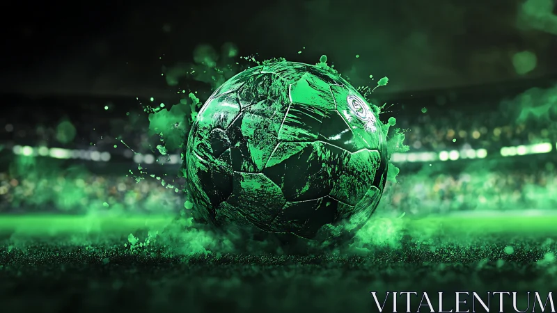 Electric green soccer moment captured mid-splash on turf.