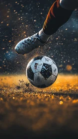 Soccer boot strikes wet ball under golden stadium light.