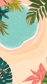 Tropical lagoon illustration with lush foliage framing shore.