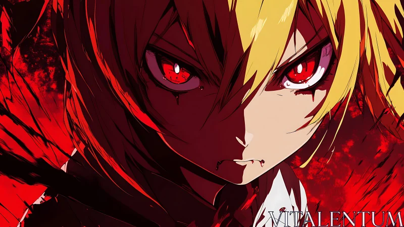 Bloodlit anime warrior gaze under violent crimson skies.