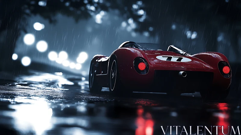Red vintage race car glows on a rain‑soaked night street