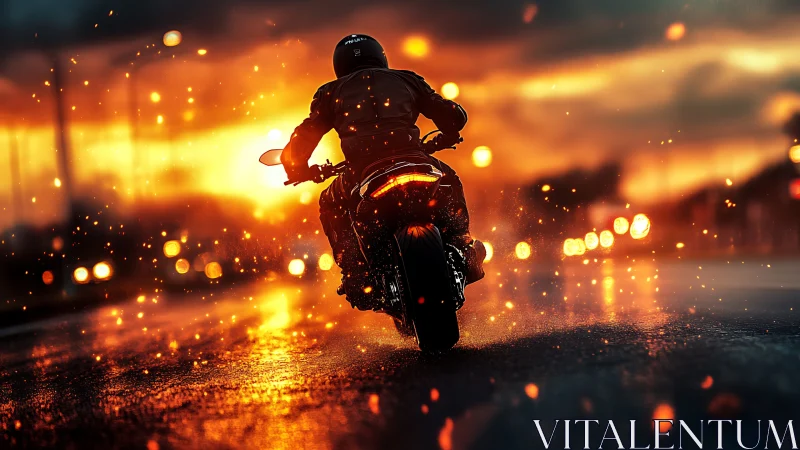 Blazing city rider curves through glowing evening sparks