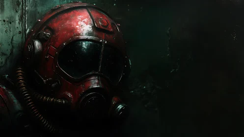 Corroded red deep-dive pressure helmet in low-key lighting