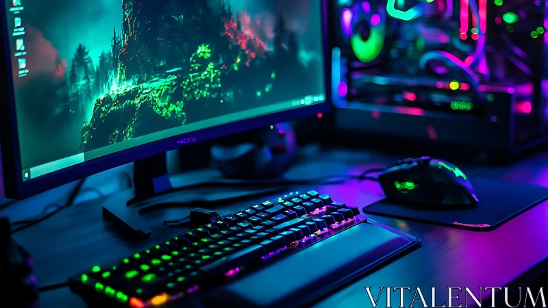 Neon battlestation hums while digital worlds quietly awaken