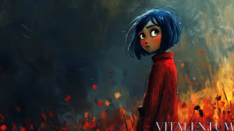 Blue haired girl in red coat among glowing wildflowers.