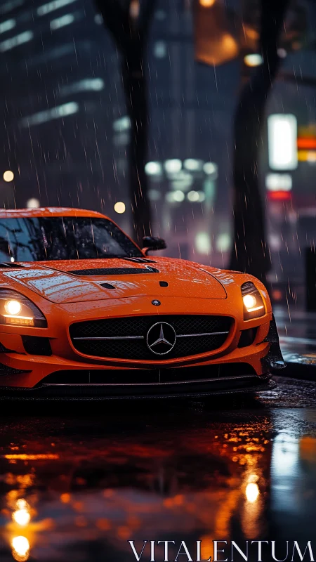 Rainlit orange sports car cruising through neon city night.
