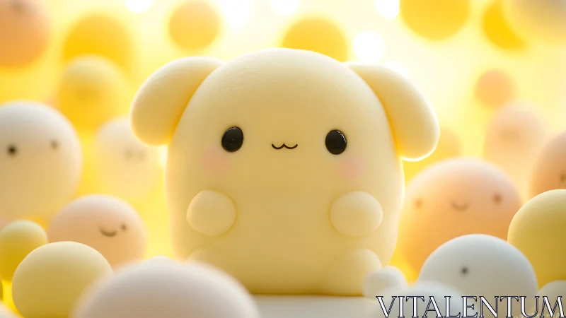 Kawaii yellow plush character glows in soft bokeh light