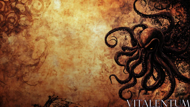 Brooding abyssal kraken coils over scorched parchment sky.