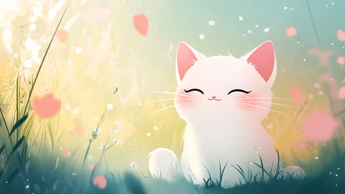 White cat with pink ears sits in soft-focus floral garden with bokeh