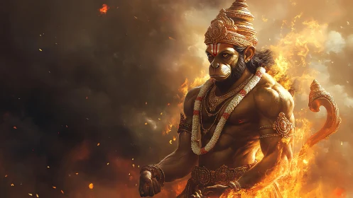 Mythic warrior deity rendered with high-detail volumetric fire effects