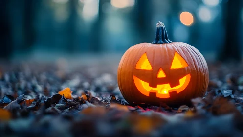 Glowing jack-o’-lantern smiles in a twilight autumn forest.