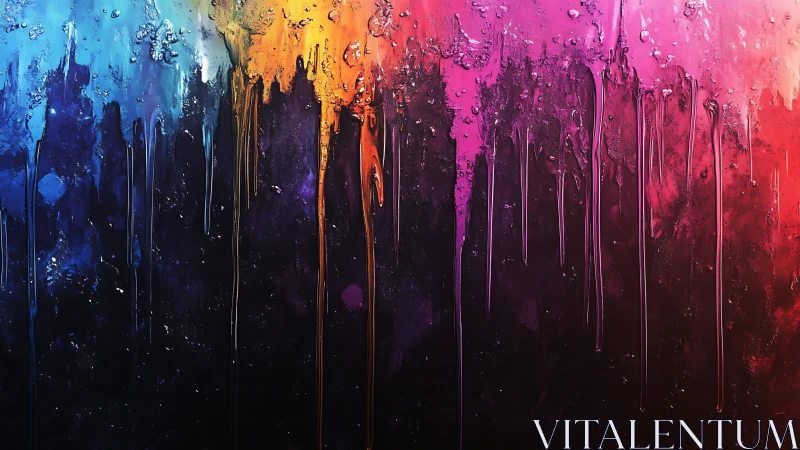 Vertical drips of multicolored paint flow down dark surface