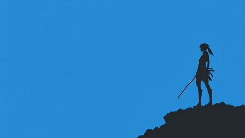 Lone samurai silhouette stands on cliff against blue sky