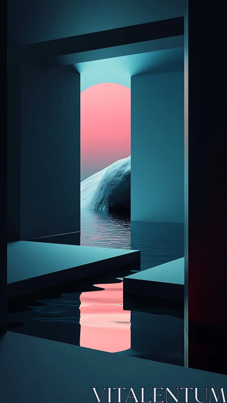 Futuristic portal corridor with reflective water and neon dusk