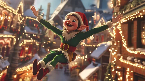 3D holiday elf mid-leap in illuminated festive village streets.