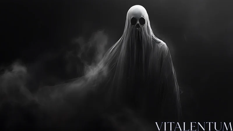 Volumetric spectral entity with skull mask in drifting fog.