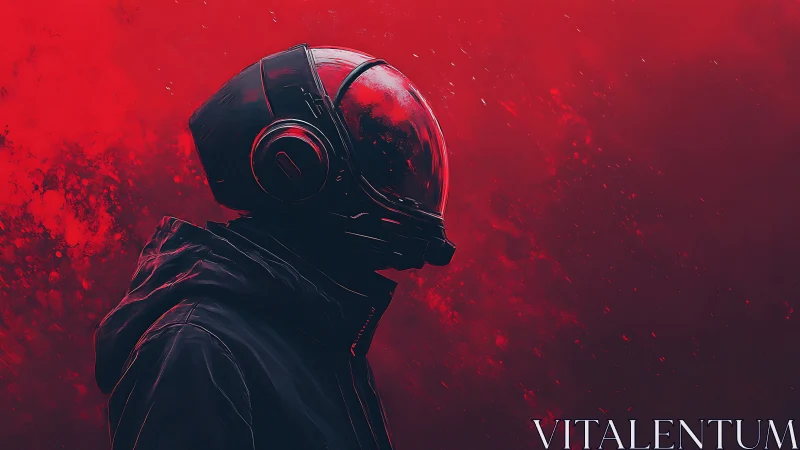 Solitary space wanderer pauses in a glowing crimson haze