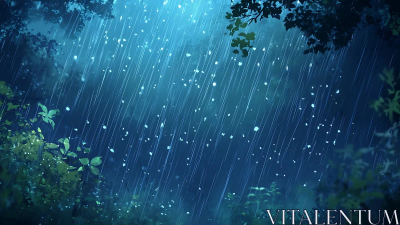 Nocturnal forest rainfall rendered in atmospheric digital painting
