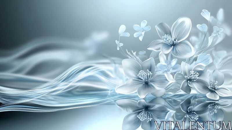 Ethereal White Flowers with Dynamic Fluid Wave Motion in Soft Blue-Gray Palette