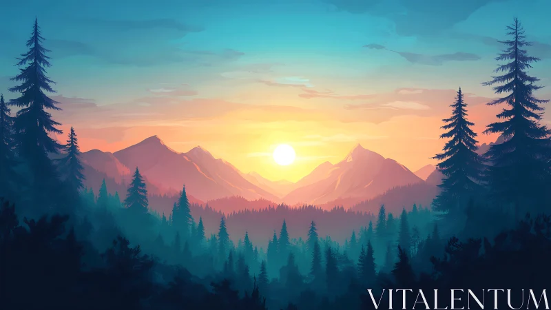 Sunrise glows over misty evergreen mountainscape panorama.