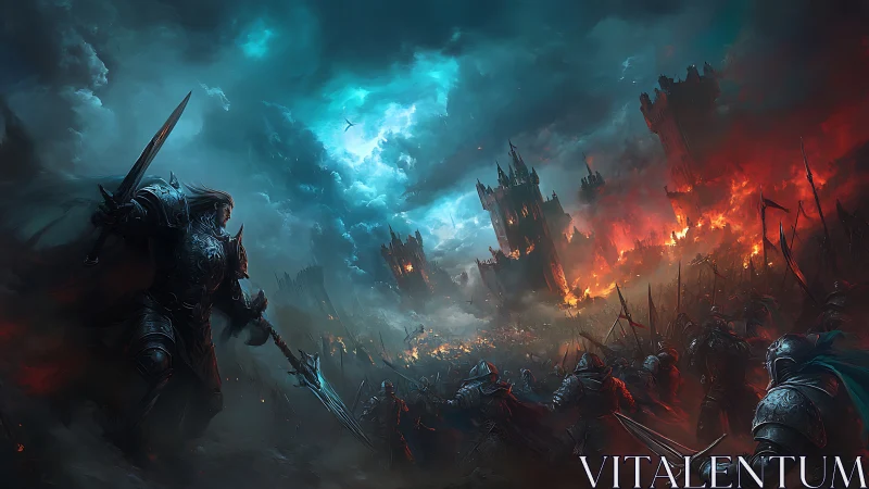 Armored warriors clash before burning fortress under storm