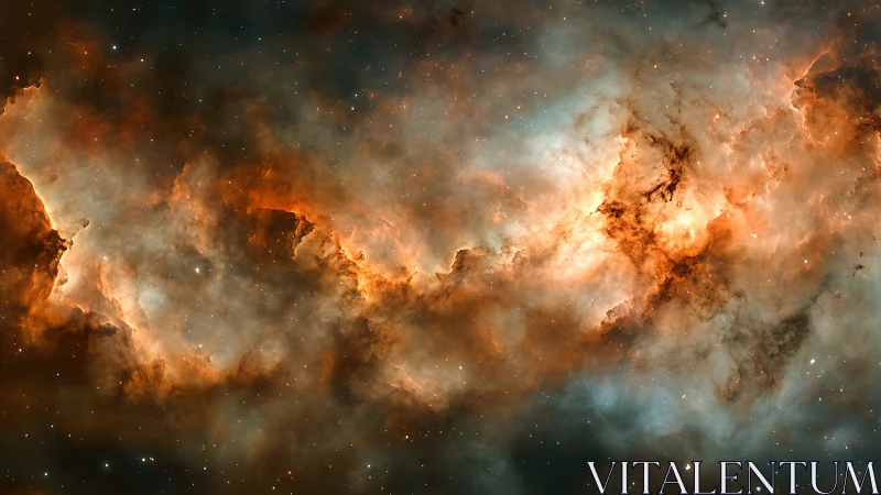 Fiery orange and teal nebula cloud in deep outer space