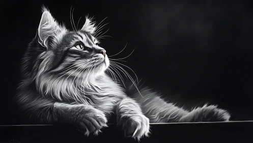 Long-Haired Feline Portrait in Monochromatic Charcoal Study.