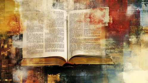 Open antique book is rendered within layered abstract textures