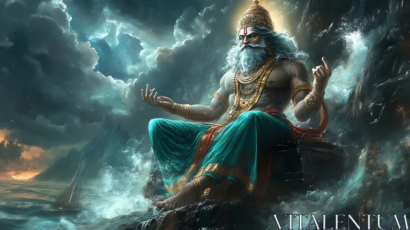 Ocean deity sits on rock throne commanding storm clouds