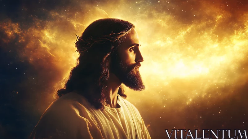 Profile view of robed male figure against luminous nebula field