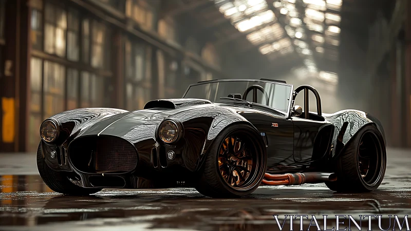Black custom roadster in industrial warehouse setting.