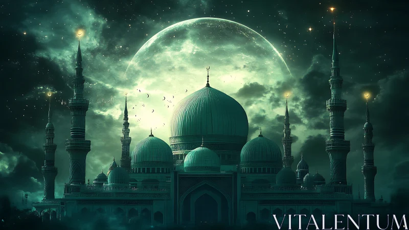 Moonlit emerald mosque rises beneath glowing celestial sky.