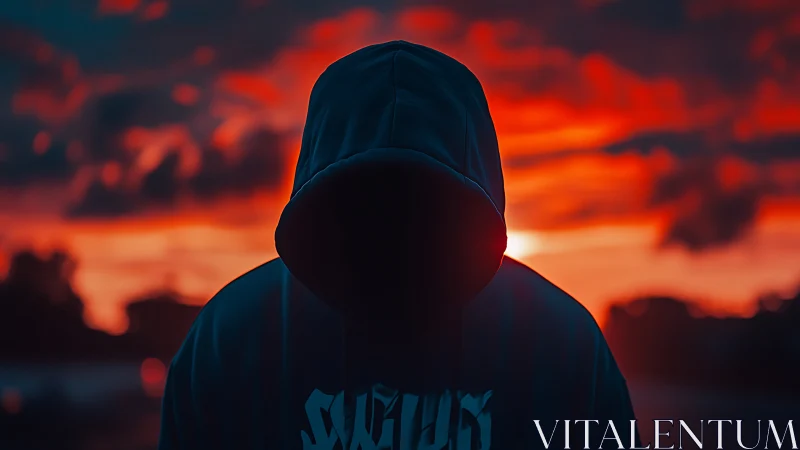 Hooded silhouette stands against intense red sunset sky