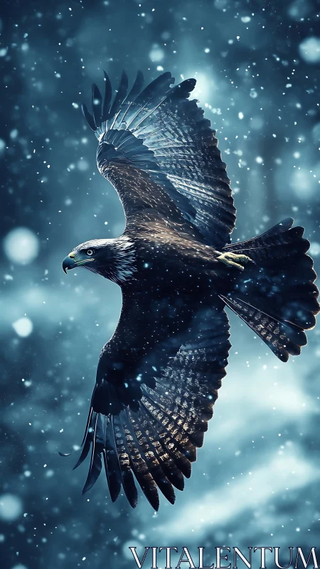 Majestic eagle gliding through a snowy twilight sky.