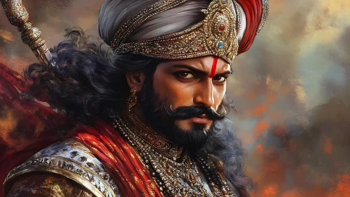 Regal warrior portrait shows jeweled armor, ornate turban and fiery gaze