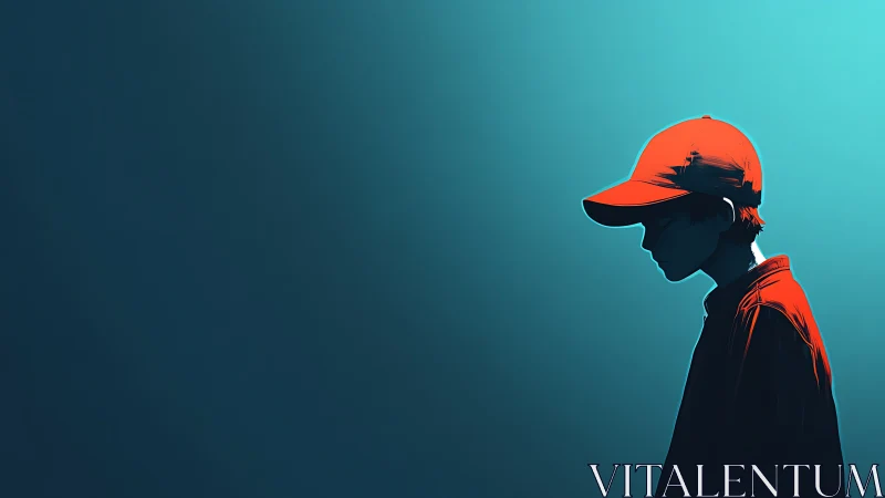 Silhouetted boy in red cap against teal negative space.