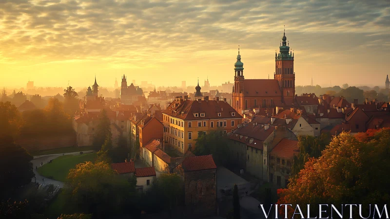 Historic European old town skyline under warm sunrise light.