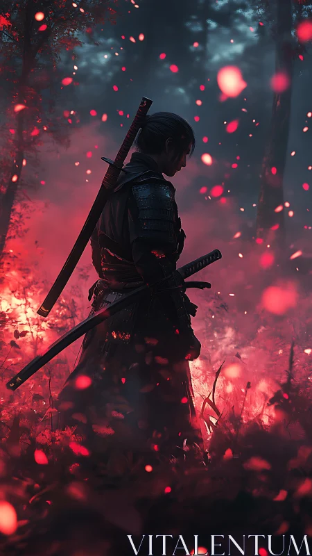 Lone samurai in burning crimson forest at dusk.