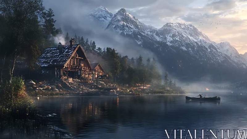 Mountain lake cabin under misty dawn light. Period.