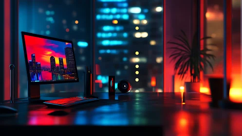 Neon city reflections recruit a quiet midnight workspace
