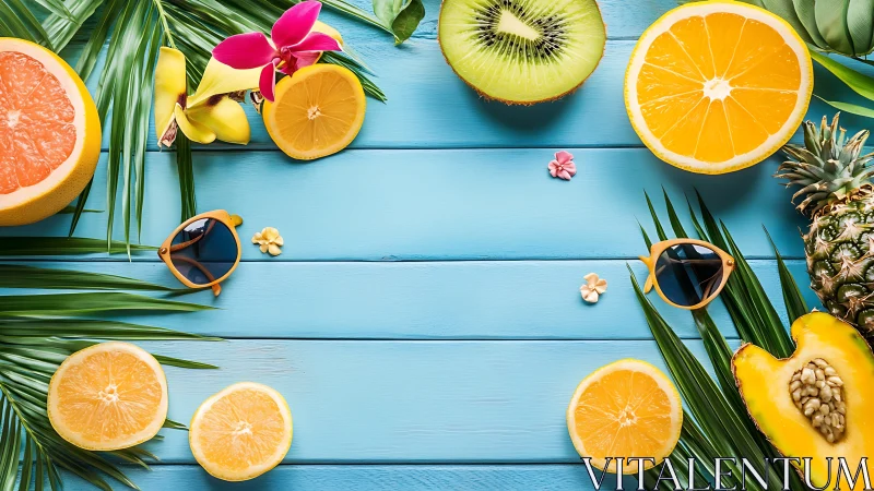 Photographic flat lay of tropical citrus and palm accents on blue.