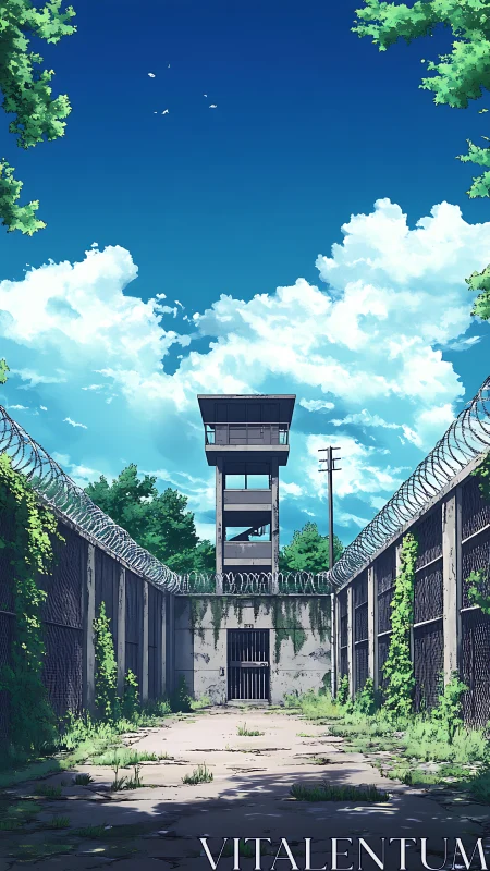 Abandoned barbed wire prison yard under bright cumulus sky