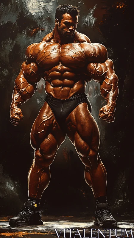 Bronzed titan of muscle stands carved from molten thunder