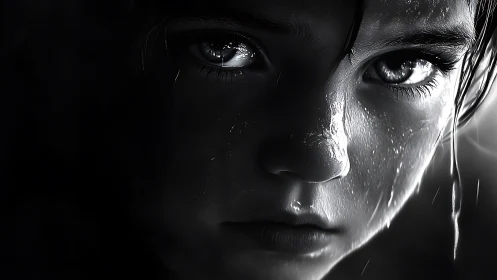 Close wet face of child in high contrast monochrome light.