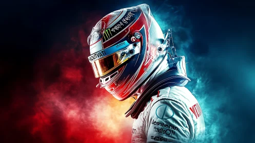 Racing driver stands in neon smoke, ready for high speed battle
