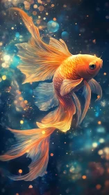 Orange goldfish with extended fins in illuminated water.