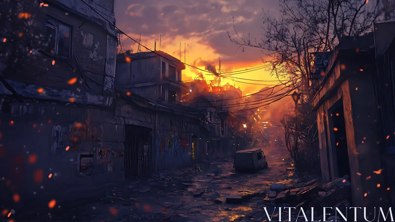Burning sunset spills over a ruined urban backstreet.