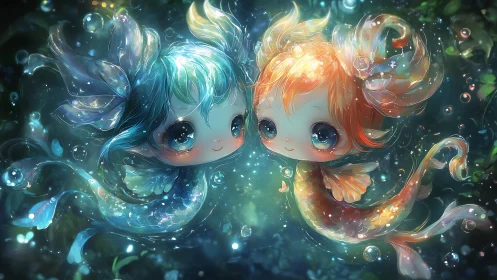 Cute twin mermaid fish in glowing underwater scene.