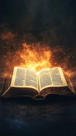 Illuminated sacred book radiating ethereal golden fire.